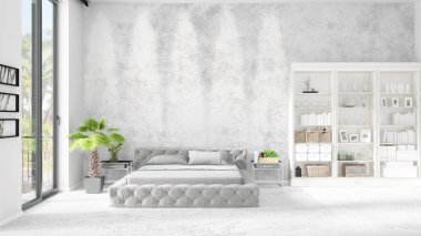 Modaya uygun ve modern yatak beyaz raf ile yeni iç ile sahne. 3D render. Yatay düzenleme.