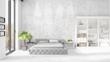 Modaya uygun ve modern yatak beyaz raf ile yeni iç ile sahne. 3D render. Yatay düzenleme.