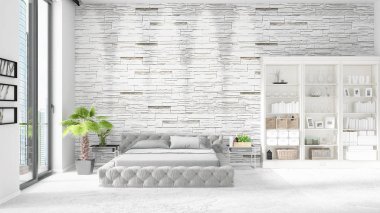 Modaya uygun ve modern yatak beyaz raf ile yeni iç ile sahne. 3D render. Yatay düzenleme.