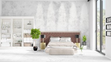 Modaya uygun ve modern yatak beyaz raf ile yeni iç ile sahne. 3D render. Yatay düzenleme.