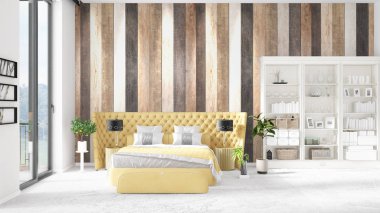 Modaya uygun ve modern yatak beyaz raf ile yeni iç ile sahne. 3D render. Yatay düzenleme.