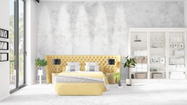 Modaya uygun ve modern yatak beyaz raf ile yeni iç ile sahne. 3D render. Yatay düzenleme.