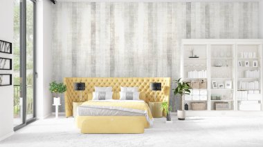 Modaya uygun ve modern yatak beyaz raf ile yeni iç ile sahne. 3D render. Yatay düzenleme.