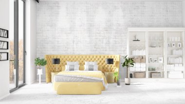 Modaya uygun ve modern yatak beyaz raf ile yeni iç ile sahne. 3D render. Yatay düzenleme.