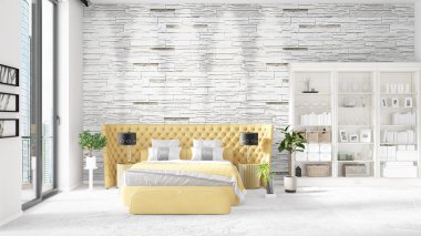 Modaya uygun ve modern yatak beyaz raf ile yeni iç ile sahne. 3D render. Yatay düzenleme.