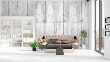 Modaya uygun ve modern yatak beyaz raf ile yeni iç ile sahne. 3D render. Yatay düzenleme.