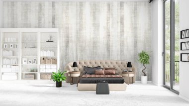 Modaya uygun ve modern yatak beyaz raf ile yeni iç ile sahne. 3D render. Yatay düzenleme.