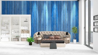 Modaya uygun ve modern yatak beyaz raf ile yeni iç ile sahne. 3D render. Yatay düzenleme.