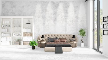 Modaya uygun ve modern yatak beyaz raf ile yeni iç ile sahne. 3D render. Yatay düzenleme.