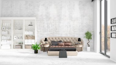 Modaya uygun ve modern yatak beyaz raf ile yeni iç ile sahne. 3D render. Yatay düzenleme.