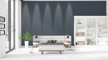 Modaya uygun ve modern yatak beyaz raf ile yeni iç ile sahne. 3D render. Yatay düzenleme.