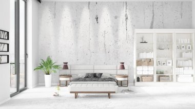 Modaya uygun ve modern yatak beyaz raf ile yeni iç ile sahne. 3D render. Yatay düzenleme.
