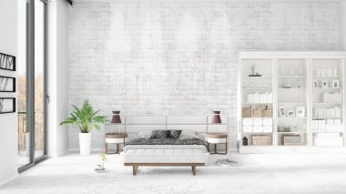 Modaya uygun ve modern yatak beyaz raf ile yeni iç ile sahne. 3D render. Yatay düzenleme.