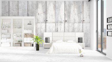 Modaya uygun ve modern yatak beyaz raf ile yeni iç ile sahne. 3D render. Yatay düzenleme.