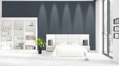 Modaya uygun ve modern yatak beyaz raf ile yeni iç ile sahne. 3D render. Yatay düzenleme.