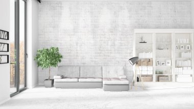 Modern iç beyaz kanepe ve boşaltmak yatay düzenleme ile modaya uygun. 3D render.