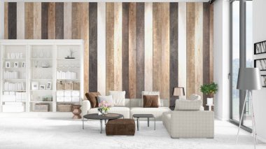 Modaya uygun ve modern gri kanepe beyaz raf ile yeni iç ile sahne. 3D render. Yatay düzenleme.