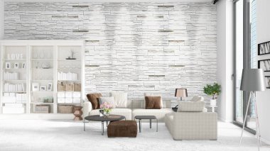 Modaya uygun ve modern gri kanepe beyaz raf ile yeni iç ile sahne. 3D render. Yatay düzenleme.