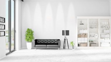 Modern iç moda siyah deri kanepe ve yatay düzenleme boşaltmak. 3D render.