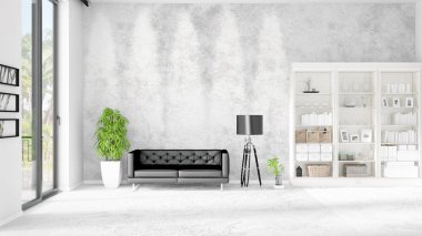 Modern iç moda siyah deri kanepe ve yatay düzenleme boşaltmak. 3D render.