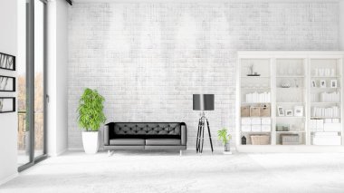 Modern iç moda siyah deri kanepe ve yatay düzenleme boşaltmak. 3D render.