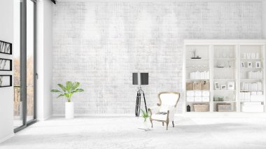 Modaya uygun ve modern yatak beyaz raf ile yeni iç ile sahne. 3D render. Yatay düzenleme.