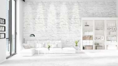 Modern çatı iç beyaz kanepe ve boşaltmak yatay düzenleme ile modaya uygun. 3D render.