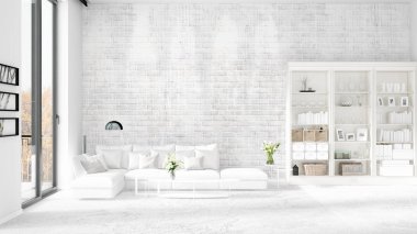 Modern çatı iç beyaz kanepe ve boşaltmak yatay düzenleme ile modaya uygun. 3D render.