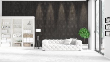 Modern çatı iç beyaz kanepe ve boşaltmak yatay düzenleme ile modaya uygun. 3D render.