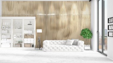 Modern çatı iç beyaz kanepe ve boşaltmak yatay düzenleme ile modaya uygun. 3D render.