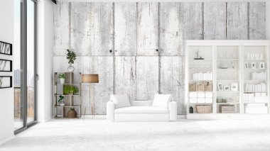 Modern çatı iç beyaz kanepe ve boşaltmak yatay düzenleme ile modaya uygun. 3D render.