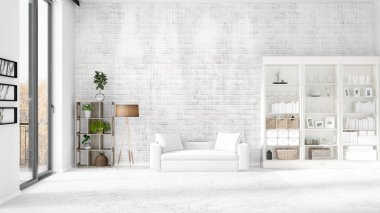 Modern çatı iç beyaz kanepe ve boşaltmak yatay düzenleme ile modaya uygun. 3D render.