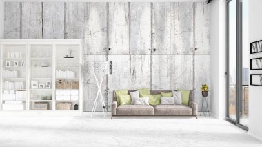 Modaya uygun ve modern gri kanepe beyaz raf ile yeni iç ile sahne. 3D render. Yatay düzenleme.