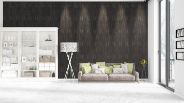 Modaya uygun ve modern gri kanepe beyaz raf ile yeni iç ile sahne. 3D render. Yatay düzenleme.