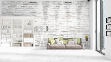 Modaya uygun ve modern yatak beyaz raf ile yeni iç ile sahne. 3D render. Yatay düzenleme.