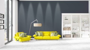 Modaya uygun beyaz raf ve sarı kanepe ile yeni iç ile sahne. 3D render. Yatay düzenleme.