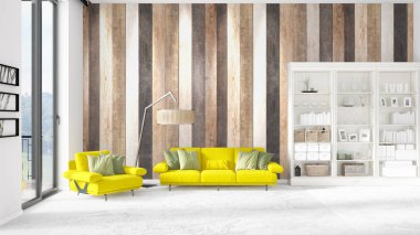 Modaya uygun beyaz raf ve sarı kanepe ile yeni iç ile sahne. 3D render. Yatay düzenleme.