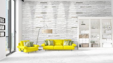Modaya uygun beyaz raf ve sarı kanepe ile yeni iç ile sahne. 3D render. Yatay düzenleme.