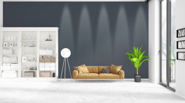 Modaya uygun ve modern yatak beyaz raf ile yeni iç ile sahne. 3D render. Yatay düzenleme.