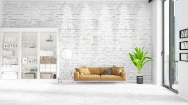 Modaya uygun ve modern yatak beyaz raf ile yeni iç ile sahne. 3D render. Yatay düzenleme.