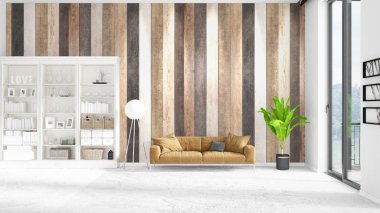 Modaya uygun ve modern yatak beyaz raf ile yeni iç ile sahne. 3D render. Yatay düzenleme.