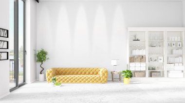 Modaya uygun beyaz raf ve sarı kanepe ile yeni iç ile sahne. 3D render. Yatay düzenleme.