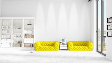Modaya uygun beyaz raf ve sarı kanepe ile yeni iç ile sahne. 3D render. Yatay düzenleme.