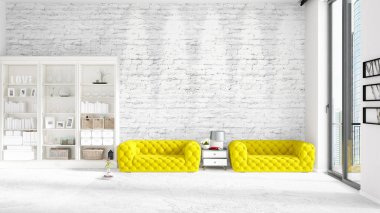 Sahne iç beyaz raf ve sarı kanepe ile modaya uygun. 3D render, 3d çizim. Yatay düzenleme.