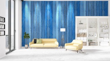 Modaya uygun beyaz raf ve sarı kanepe ile yeni iç ile sahne. 3D render. Yatay düzenleme.