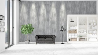 Modern iç moda siyah deri kanepe ve yatay düzenleme boşaltmak. 3D render.