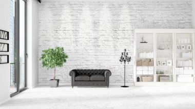 Modern iç moda siyah deri kanepe ve yatay düzenleme boşaltmak. 3D render.