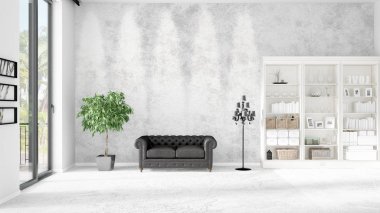 Modern iç moda siyah deri kanepe ve yatay düzenleme boşaltmak. 3D render.