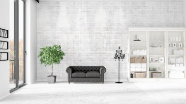 Modern iç moda siyah deri kanepe ve yatay düzenleme boşaltmak. 3D render.