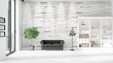 Modern iç moda siyah deri kanepe ve yatay düzenleme boşaltmak. 3D render.